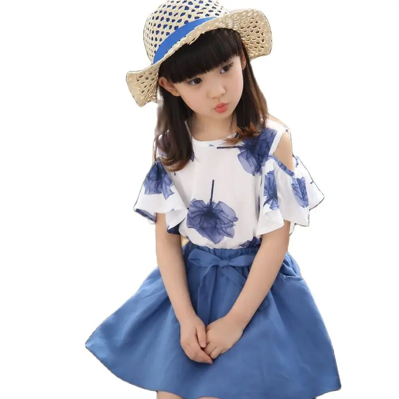 

Girl Shirt and Skirt Set Summer Maple Leaf Pattern Sexy Teenage Drop Shoulder Sleeve Tops Child Baby Casual Blouse T-Shirt