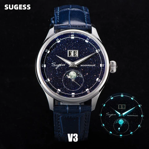 Роскошные наручные часы Sugess Moonphase, часы из нержавеющей стали 316L чехол Tianjin ST2528, мужские наручные часы с драгоценным камнем, звездочками, циферблатом, подарок для мужчин