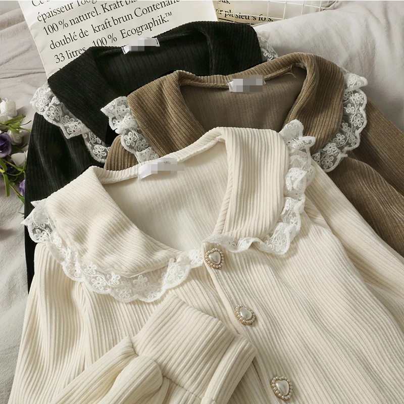 

Korean Vintage Lace Patchwork Female Shirts Office Lady Elegant Peter Pan Collar Blusas Mujer Single Breasted Blouses Kawaii