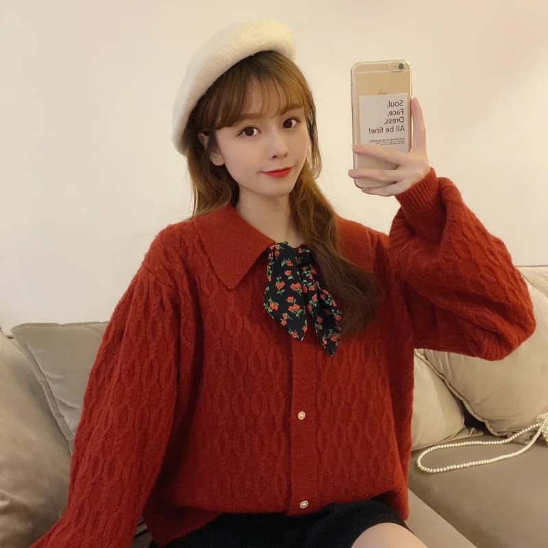 

Винтажный однобортный Кардиган в стиле пэчворк с бантом, с воротником «Питер Пэн»