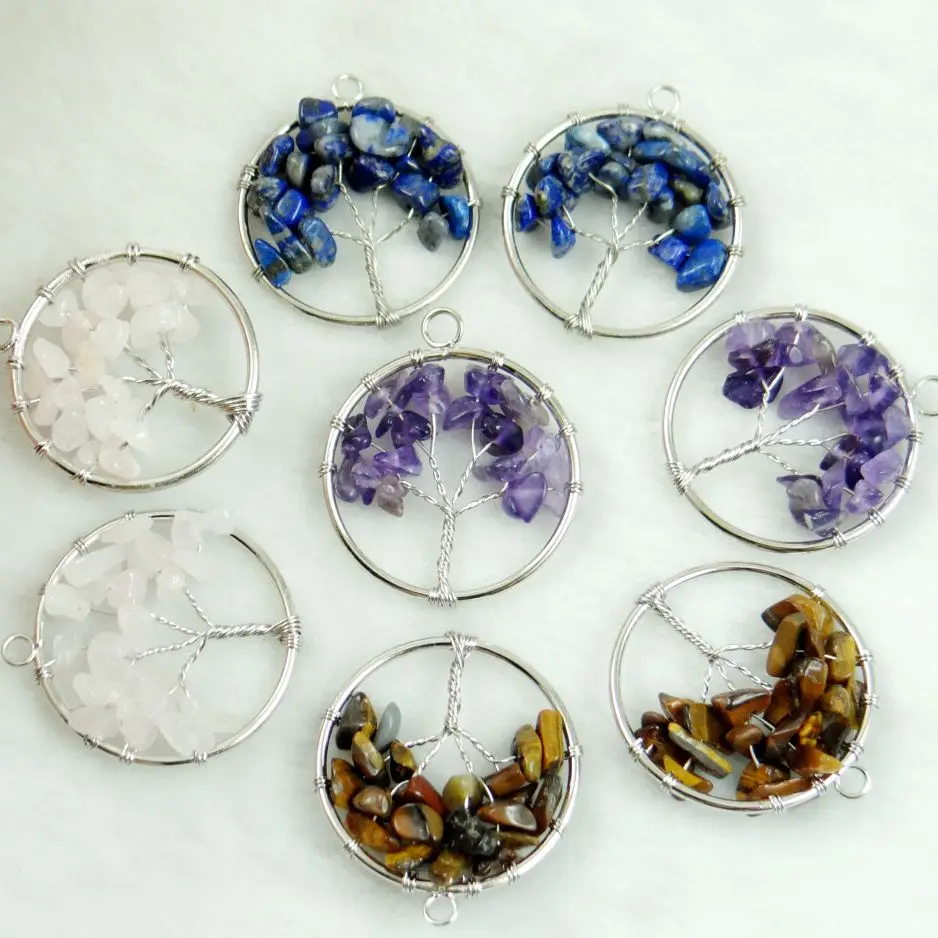 Natural Gem Stone Quartz Crystal 7 Chakra Reiki Healing Tree Of Life Pendant For Diy Jewelry Making Necklace Accessories 10pcs
