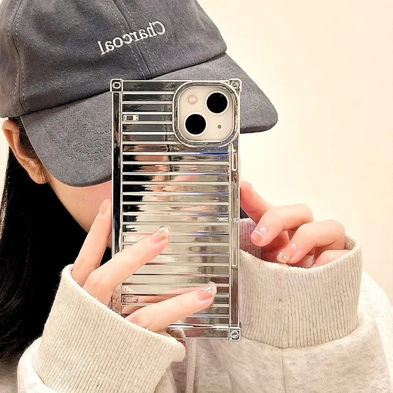 

Luxury Plating Silver Suitcase Container Square Phone Case For IPhone 14 Plus 13 12 11 Pro Max Creative Simple Stripe Soft Cover