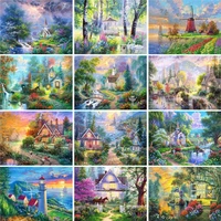 gatyztory frame forest house diy painting by numbers for adults handpainted landscape oil painting wall decor artwork 60x75cm