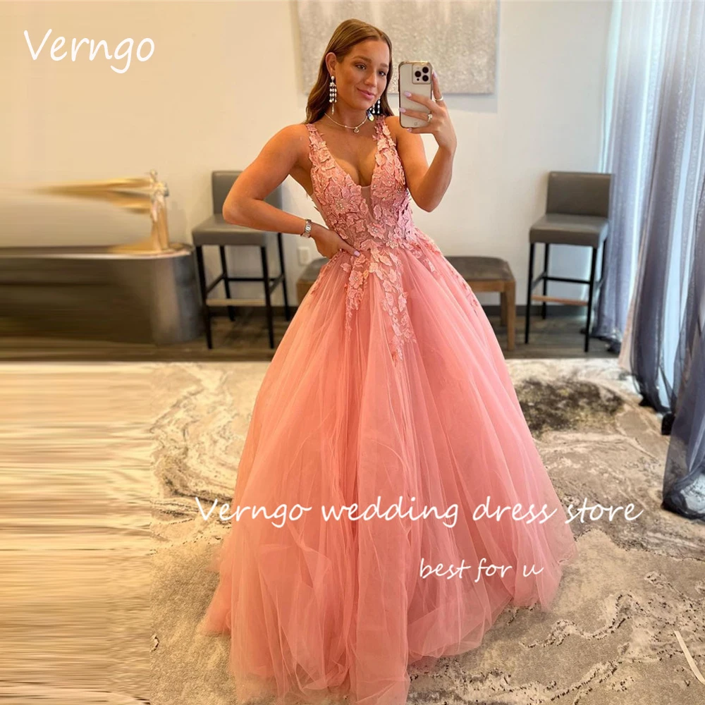 

Verngo Blush Pink Tulle Long Prom Dresses Applique Lace Tulle Party Evening Gowns Formal Occasion Dress Quinceanera Dress