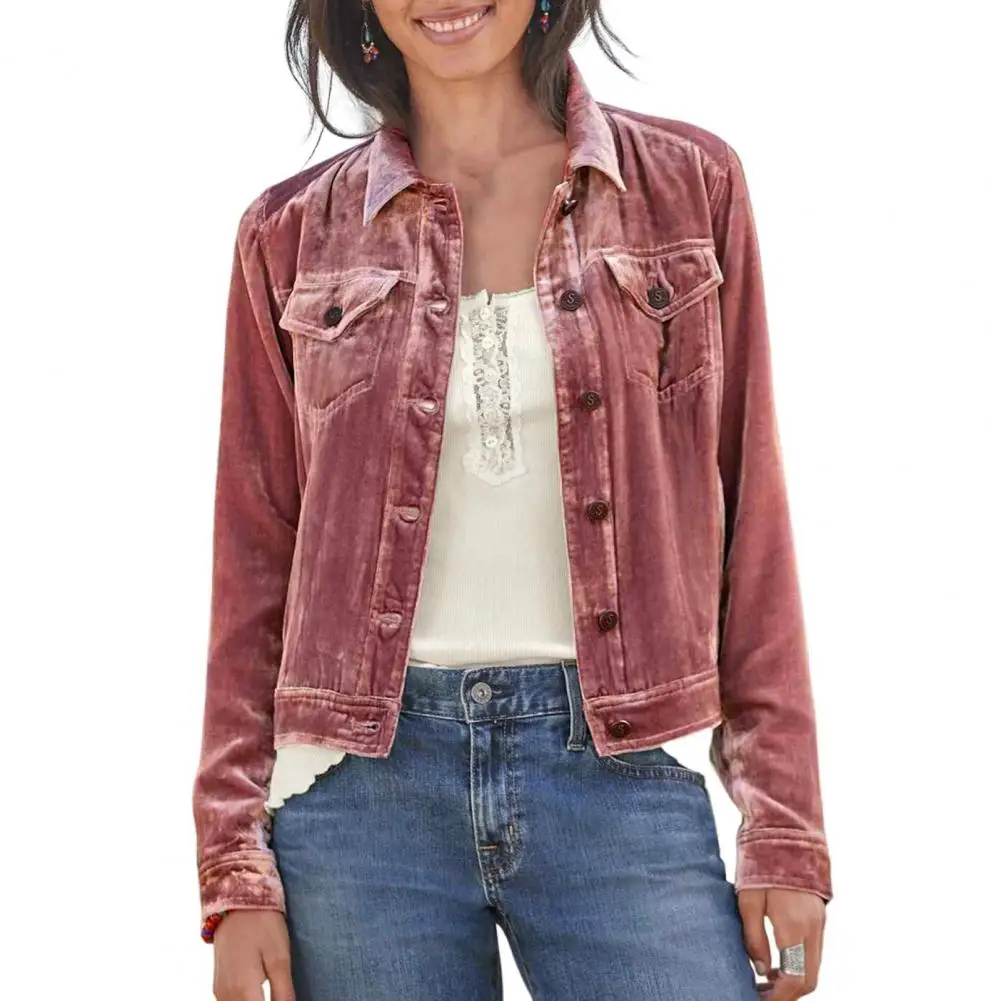

Women Short Coat Long Sleeves Button Closure Flap Pockets Golden Velvet Lapel Jacket Autumn Winter Clothing Streetwear