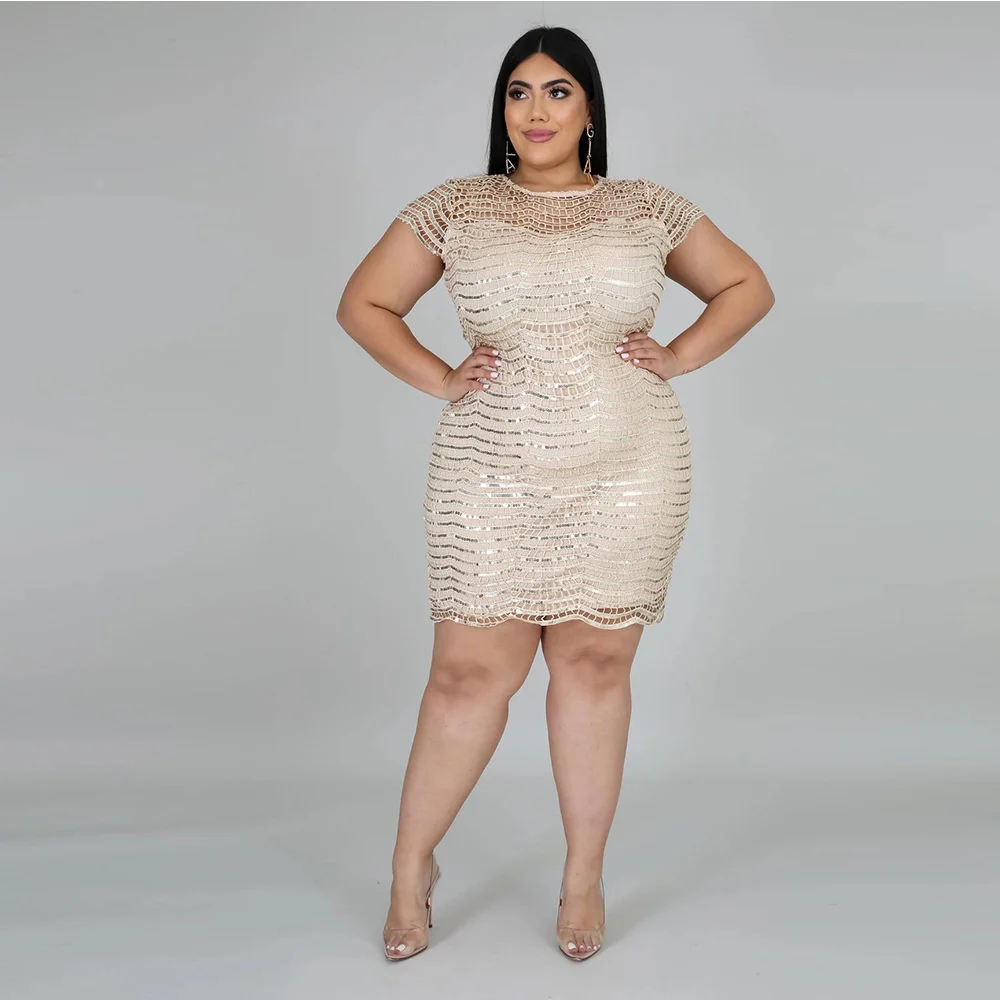 Plus Size Women's Sequin Mesh Splicing Knee Length Skirt Commuting Autumn And Winter Bottomed Round Neck Sexy And Large Dress 