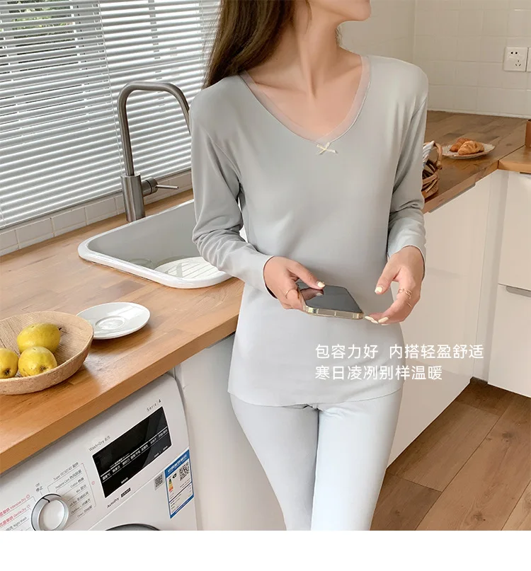 New De Rong Thermal Underwear Women's Pajamas Mesh Round Neck Light Waist Autumn Clothes Pants Suit Tight Heating Clothes