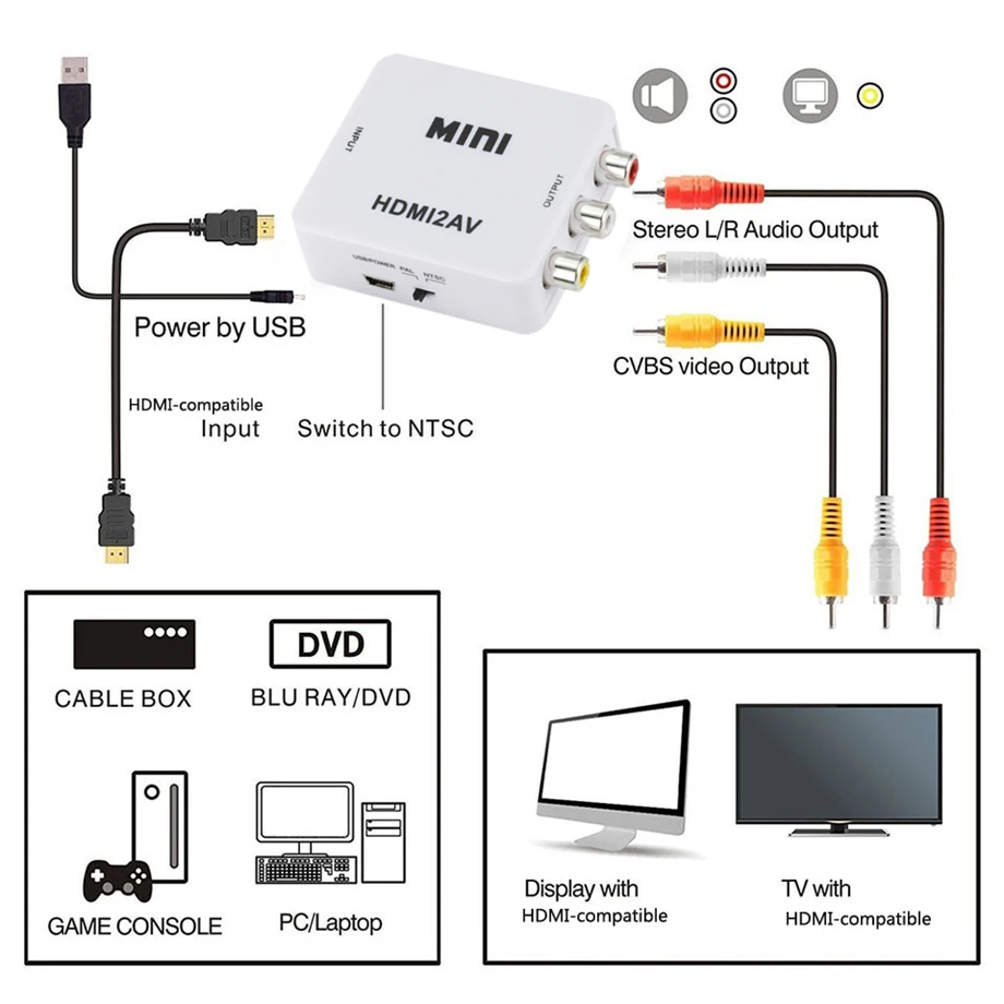 Конвертер HDMI-совместимый с AV RCA CVSB L/R преобразователь видео HD 1080P масштабирующий