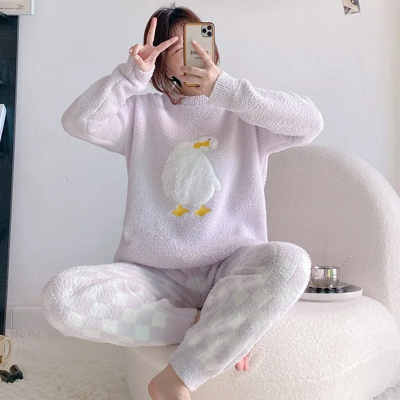 Winter 2 Pieces Set Pajamas Set Female Free Shipping Flannel Sleepwear High-End Feather Yarn Nighty Suit Lady House Clothes Set