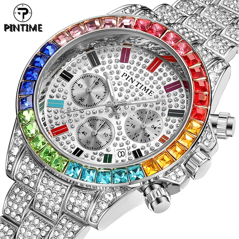 

Часы наручные PINTIME Мужские кварцевые, роскошные полностью алмазные, в стиле хип-хоп, золотистые цветные, с лезвием сбоку