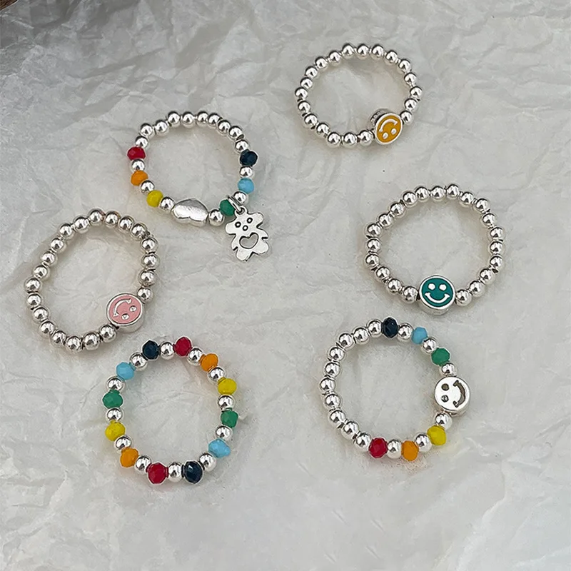 

Cute Hollow Smiley Face Silver Ring Personality Rainbow Ball Heart Adjustable Fine Jewelry for Women Party Elegant Accessories