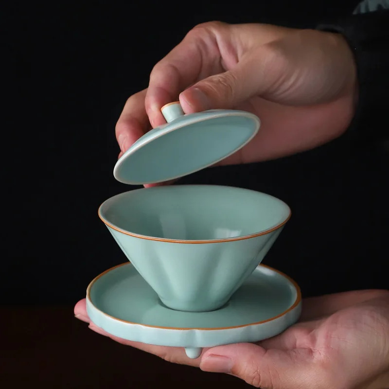 

Tea Maker Kettle Teapots Cup Infuser Chinese Style Matcha Kit Ru Kiln Sancai Cover Bowl Slice Kung Fu Tea Set Gaiwan Teaware