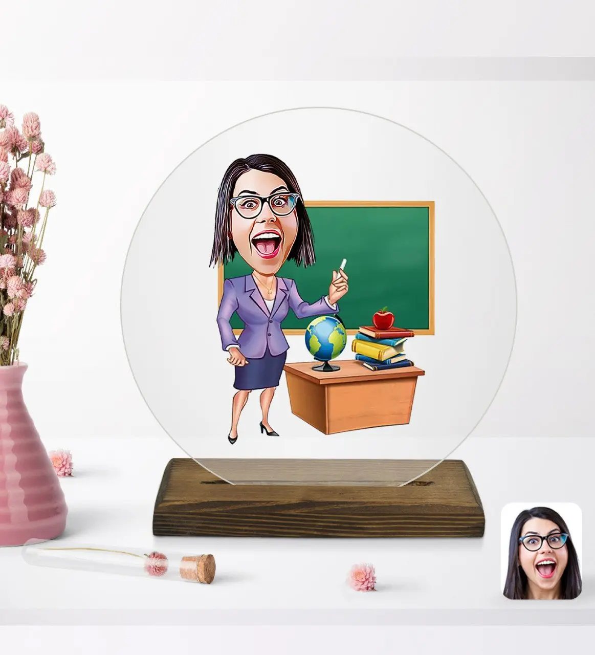 

Personalized women teacher cartoon round wooden stand Biblo-1