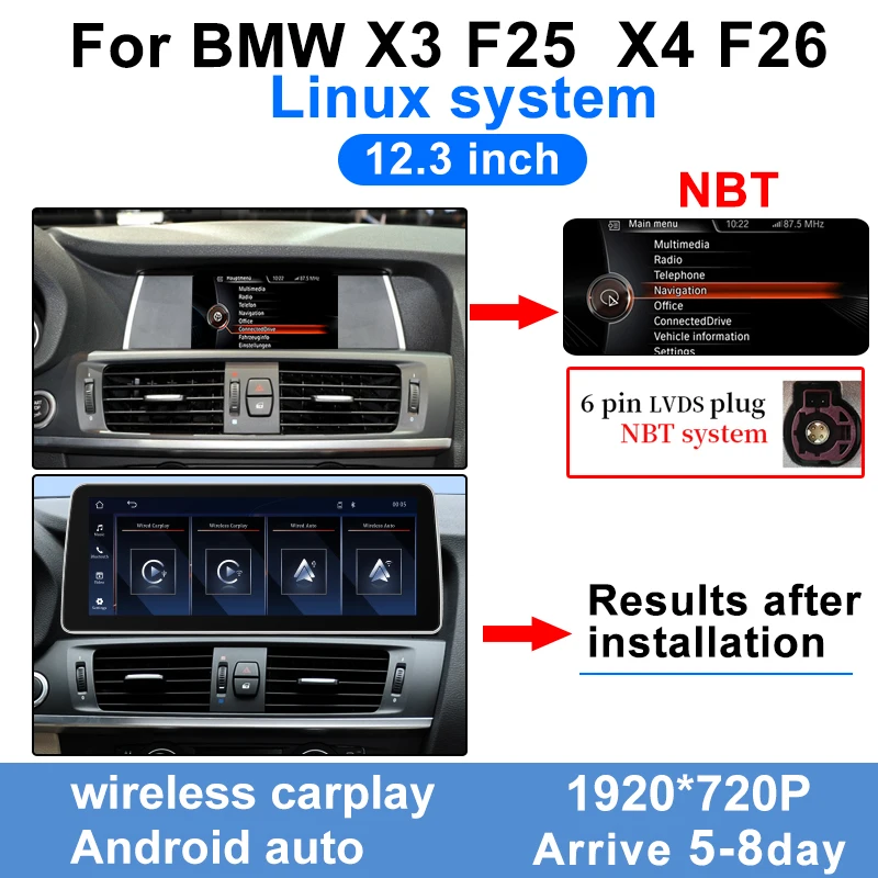 

Система Linux 8,8/12,3 дюйма, стереодисплей с сенсорным экраном для BMW X3 X4 F25 F26 CIC NBT, беспроводной Carplay, Android, автомобильные плееры BT