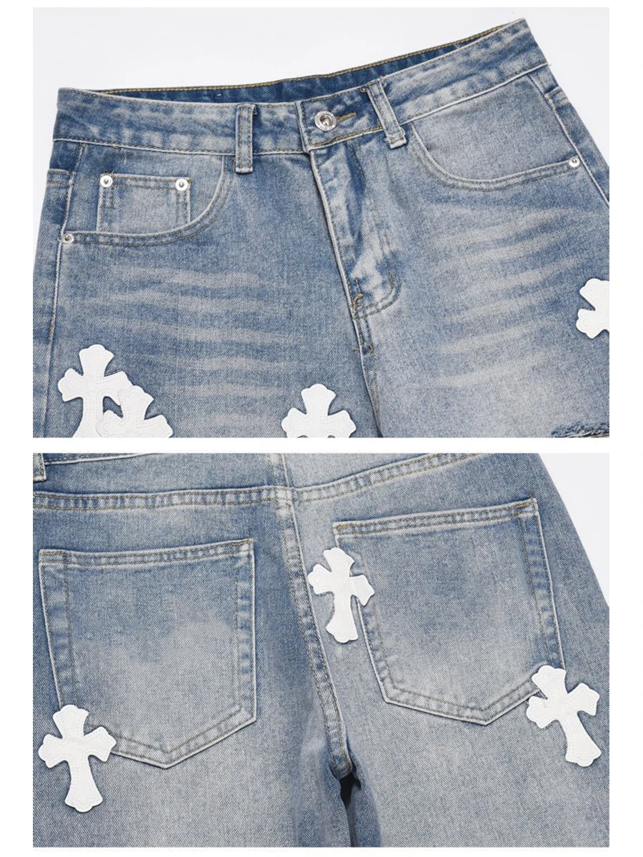 Four Seasons Men's Jeans Ripped Patch Fabric Cross Patch Loose Straight Denim Trousers Y2k Men Jeans Streetwear Men Ins Hot Sale