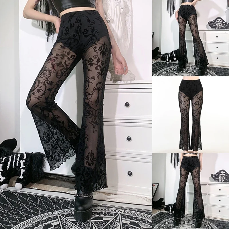 

Goth Aesthetic Black Flared Pants Harajuku Sexy See Through Women Trousers Punk Grunge High Waist Cosplay Summer Pants