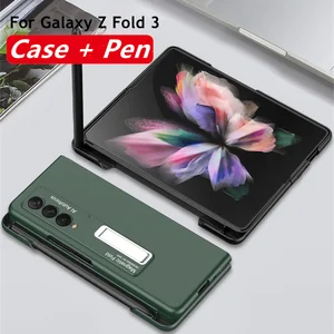 magnetic kickstand pen holder slot case for samsung galaxy z fold 3 case with mobile phone stylus pen matte hard pc cover free global shipping