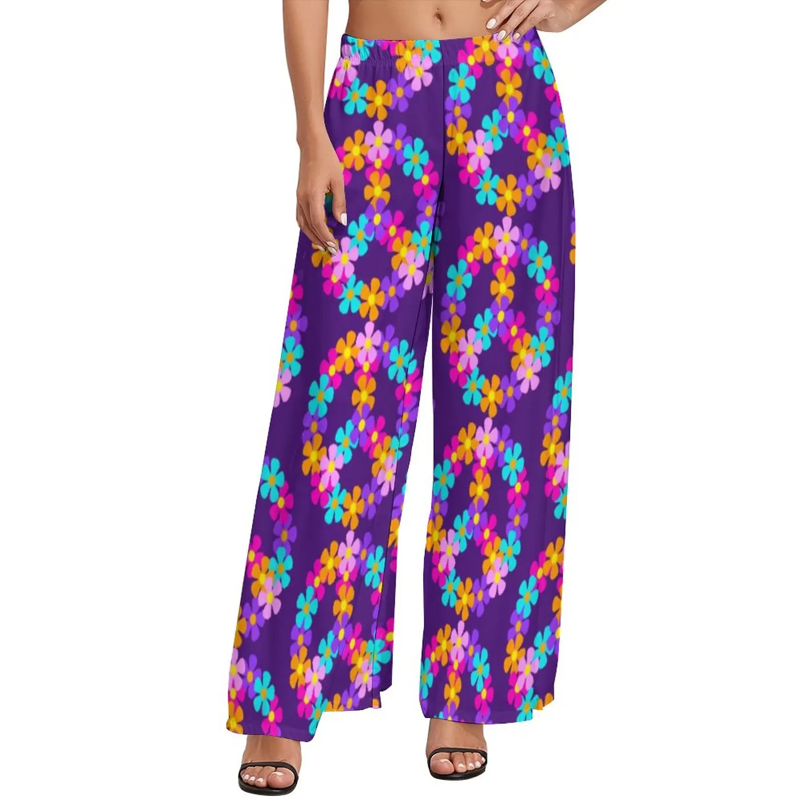 

Floral Peace Pants Spring High Waist Hippie Bright Print Casual Wide Leg Pants Female Oversized Street Wear Straight Trousers