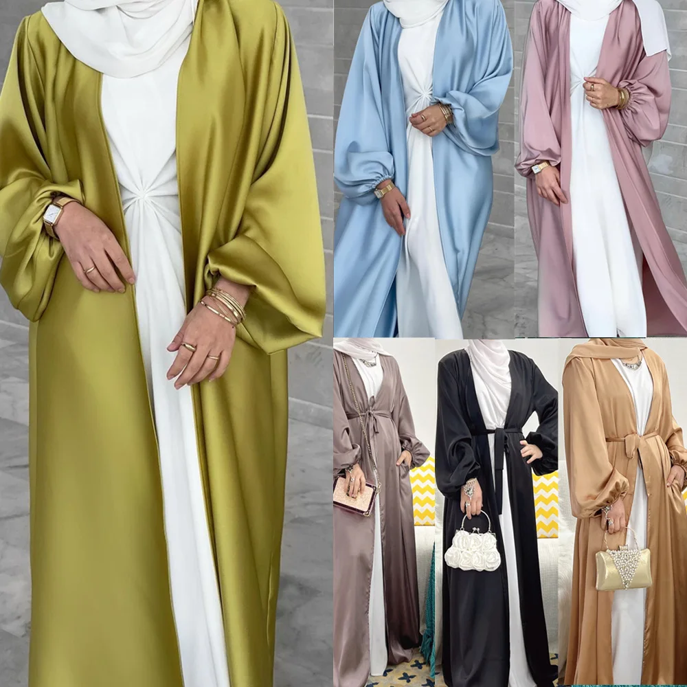 Bubble Sleeve Cardigan 2022 Summer Colorful Elegant Women's Long Muslim Dress Open Abaya Muslim Sets Dubai Luxury Islam Kebaya