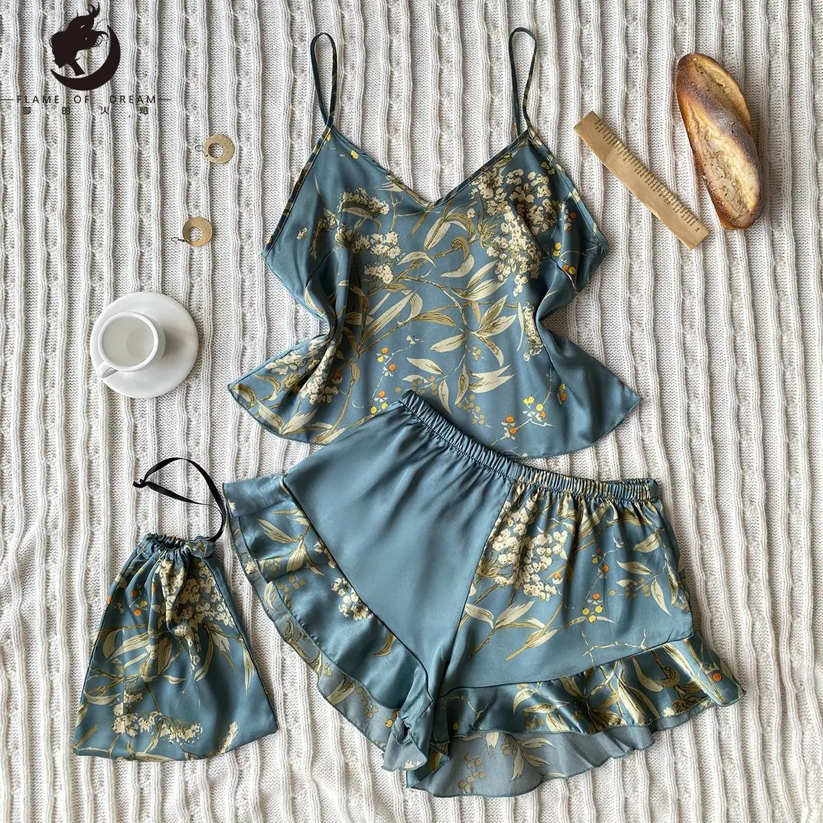 Summer Silk Pajamas Two-piece Fashion Printed Shorts Home Wear Suit Sexy Suspender pajamas 3015