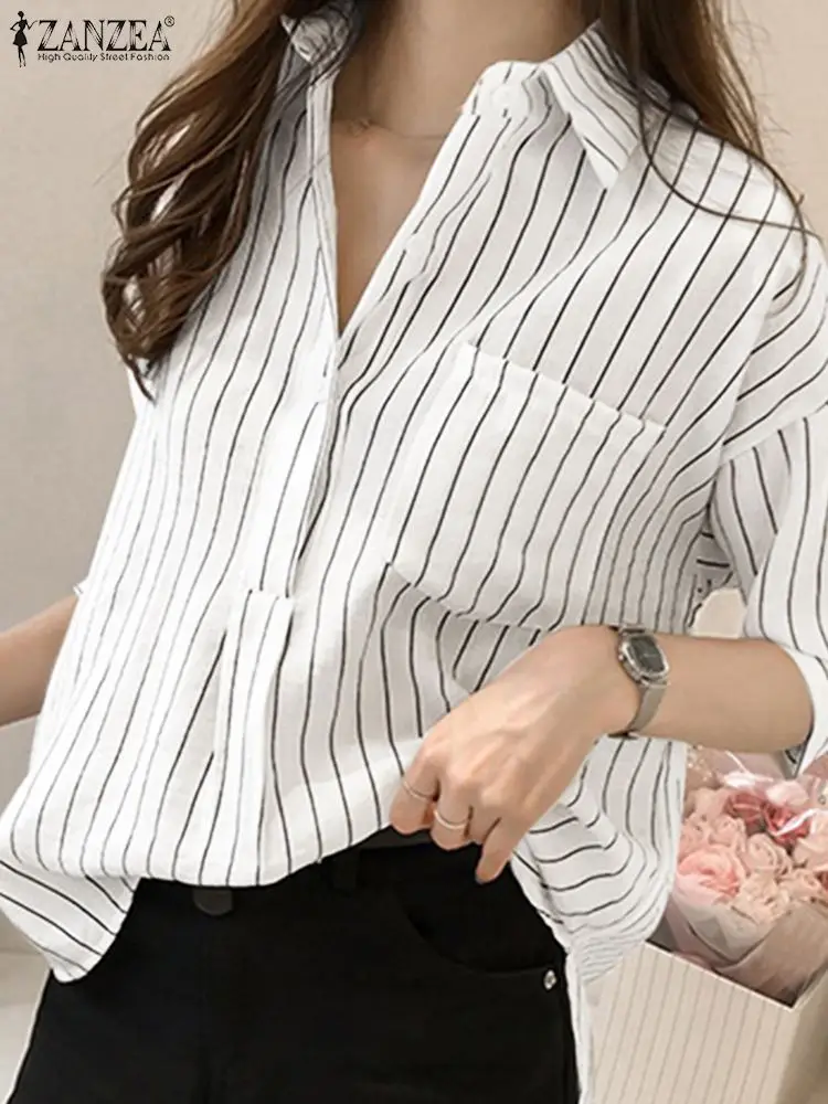 

Oversize Top Women Casual Striped Blouse ZANZEA Vintage Half Sleeve Lapel Neck Shirt 2022 Spring Printed Chemsie High Low Blusas