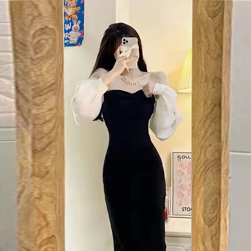 

Long Puff Sleeve Dress Women Chic Elegant Female Casual Patchwork Party Retro Lovely Streetwear Sexy Off Shoulder Long Vestido