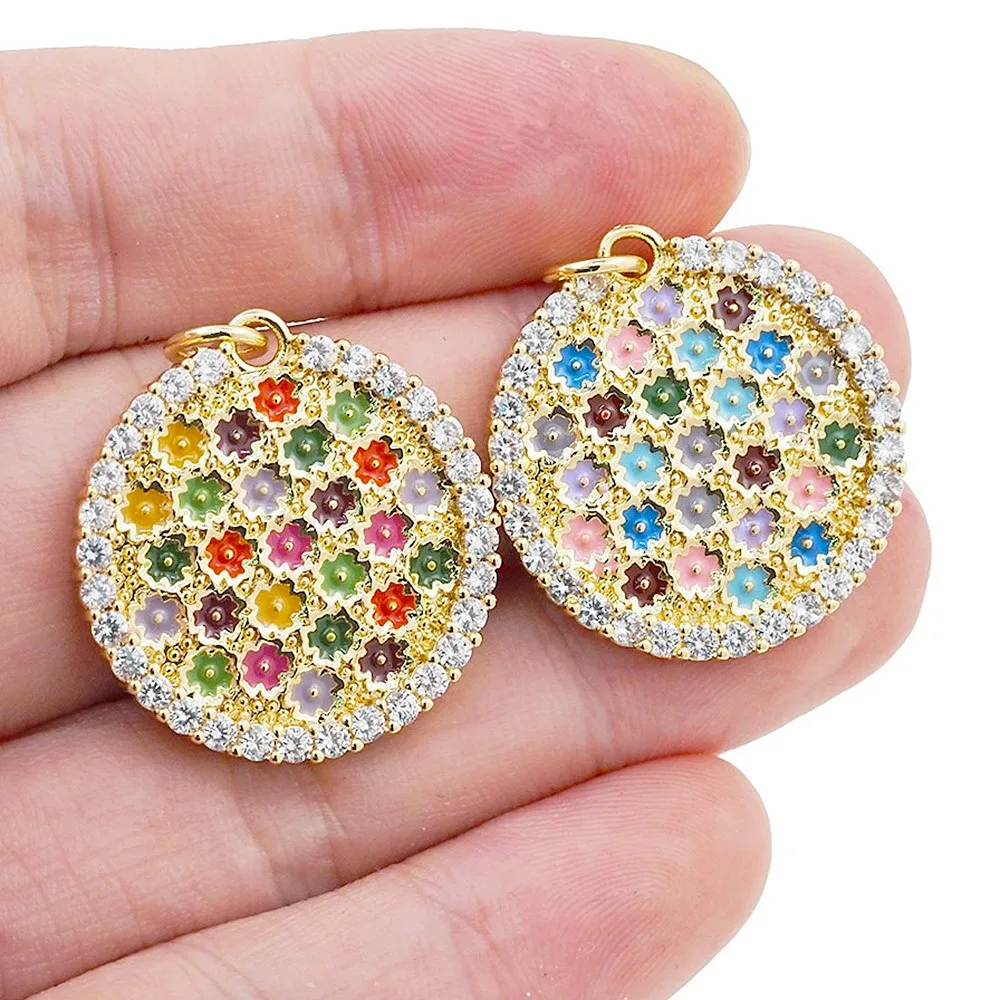 

Fashion Cute Round Rainbow Flower Charms Pendant CZ Zircon Gold Plated Enamel Jewelry Making Gils Necklace Accessories For Women