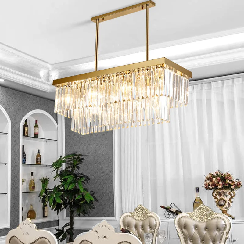 

Rectangle Chrome/Gold Chandelier For Dining Room Bedroom Led Crystal Kitchen Lustre Luxury Hanging Lamp Modern Silver Light 2021