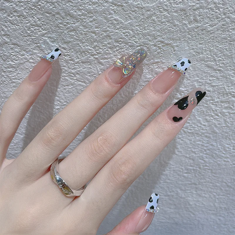 

24pcs Cow Pattern Nail Patch Glue Type Removable Long Paragraph Fashion Manicure Save Time False Nail Patch TN
