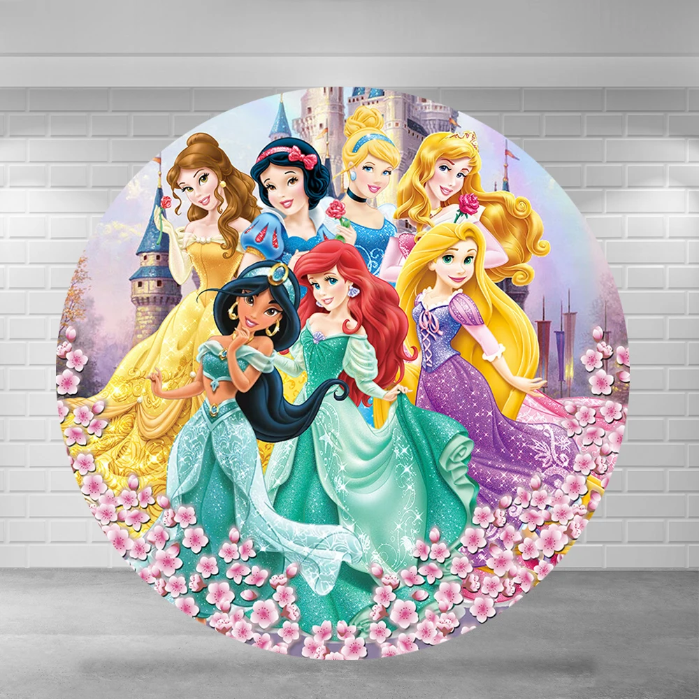 

Disney Princess Party Birthday Round Backdrops Baby Shower Wedding Supplies Cinderelia Snow White Jasmine Party Decor