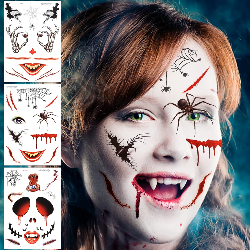 

Наклейки-татуировки на Хэллоуин, праздник, макияж для лица, губ, царапины, ужас, паук, шрам, дизайн, искусственная наклейка