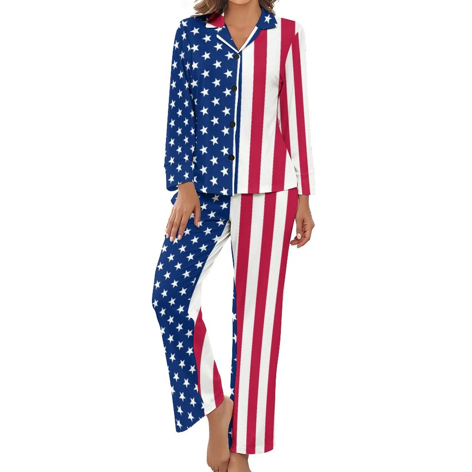 

Red White Blue Star Pajamas Patriotic USA Flag Long Sleeve Trendy Pajama Sets 2 Piece Room Spring Graphic Nightwear Gift Idea