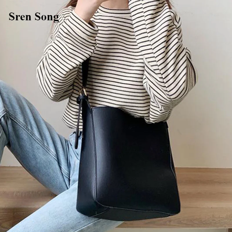 

Women Casual One-shoulder Messenger Bags New Retro Bucket Handbags 2021 New Fashion Solid Color Pu Leather Large-capacity Bags