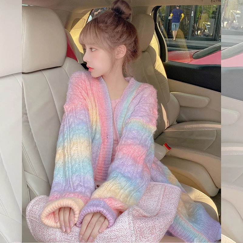 

Радужный вязаный кардиган, женский осенне-зимний милый кавайный свитер, пальто, женский длинный корейский Кардиган на пуговицах, осень 2022