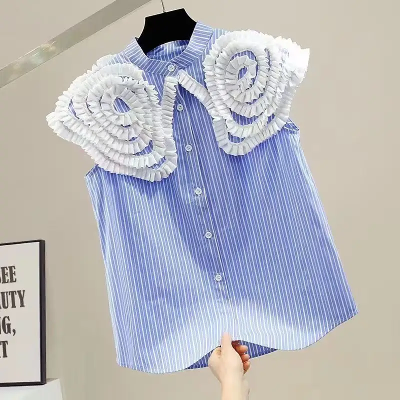 

Chic Sweet 3D Flowers Shirts for Women 2022 Spring Summer Short Sleeve Graphic TOPs Pink Causal Stand Collar Korean Shirt XC172