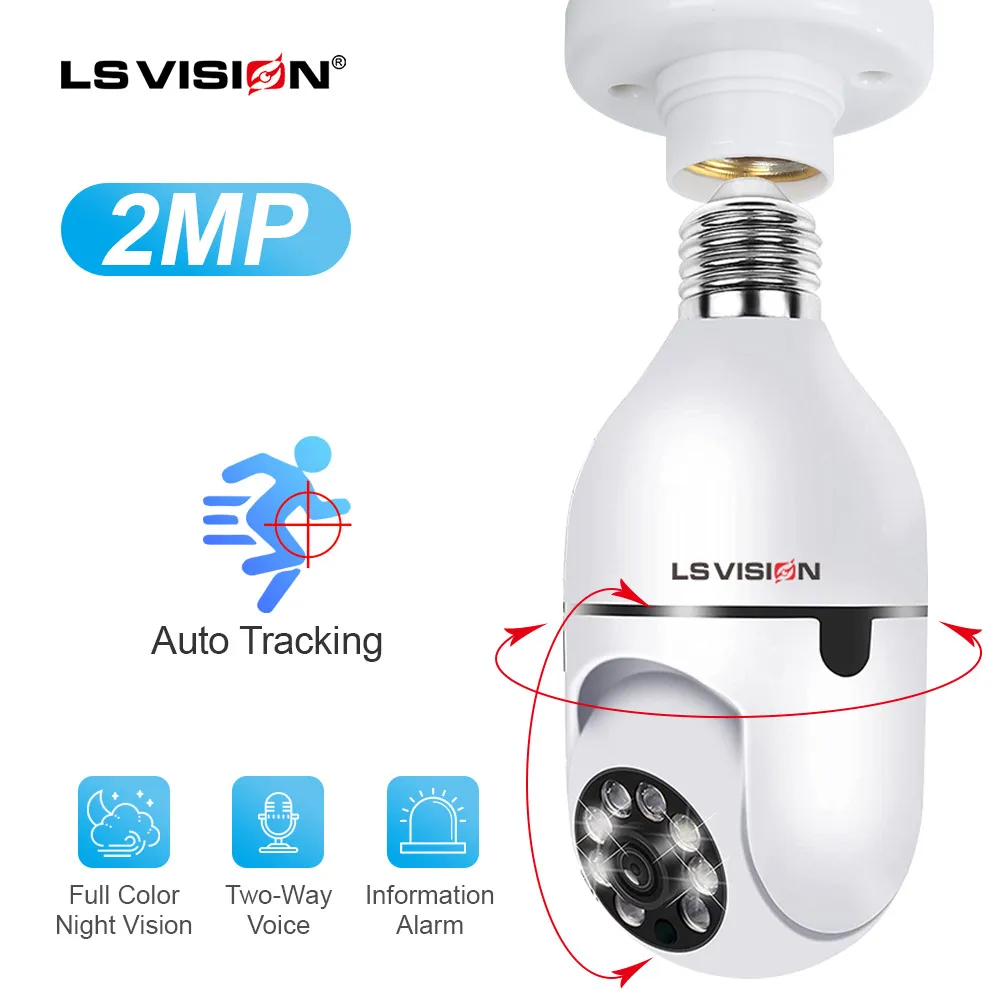 

LS VISION 1080P Bulb Surveillance Camera Night Vision Full Color Automatic Human Tracking 4xDigital Zoom Indoor Security Monitor