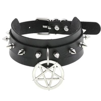 goth women black spiked choker punk collar necklaces leather gothic rivets pentagram necklace party sexy femme chocker jewelry