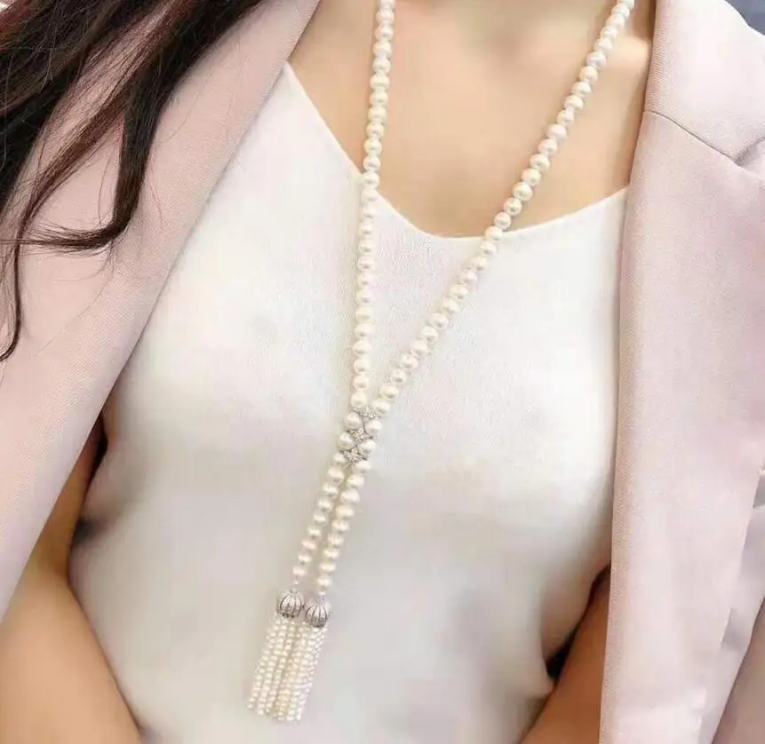 

Fashion jewelry Women's jewelry 8-9mm 110cm micro inlaid zircon accessories white freshwater pearl necklace tasse