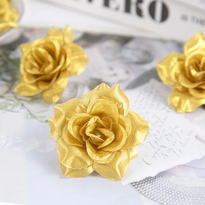 

10/20/30pcs Gold Silver Artificial Rose Cloth Flower Heads for Wedding Party Home Decoration DIY Craft Scrapbooking Fake Flowers