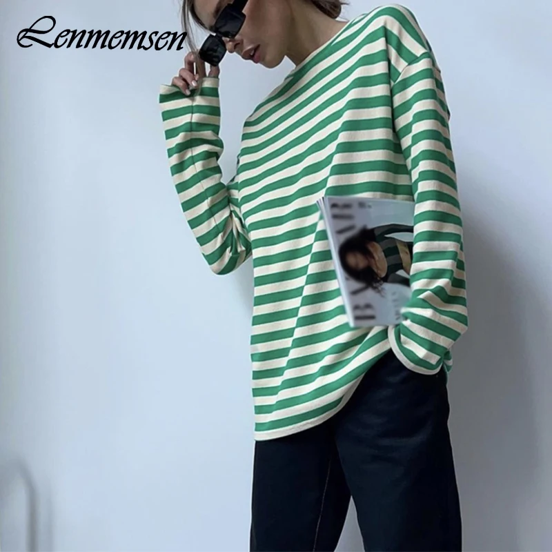 

Lenmemsen Spring Loose Cotton Classic Stripe T Shirt Women Casual O Neck Basic Long Sleeve Tee Shirt Simple All-match Tops Lady