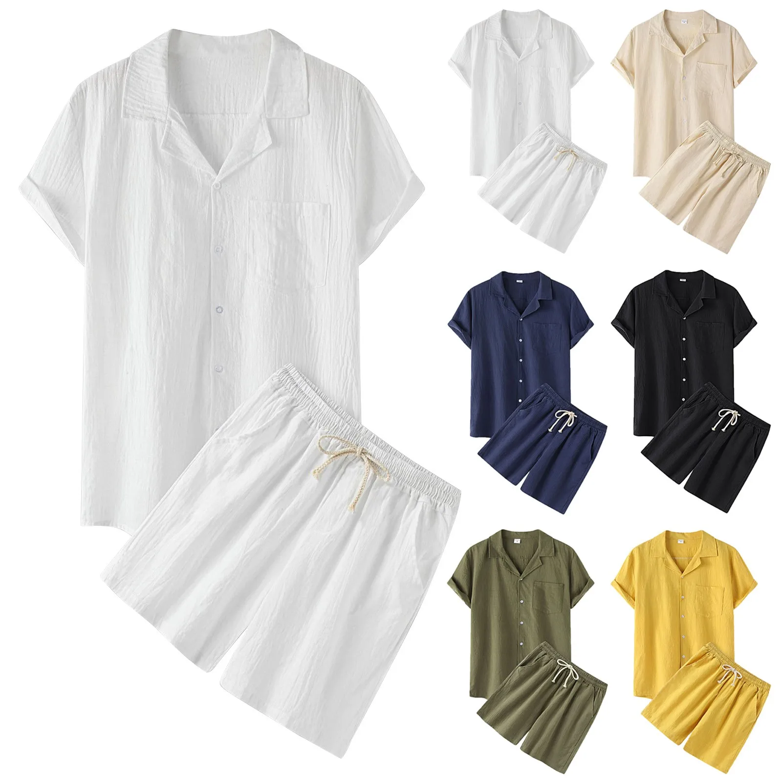 

Summer Men's Short Sleeve Solid Colors Cotton Linen Lapel Button T-shirt High Waist Shorts Breathable Two Piece Casual Sets