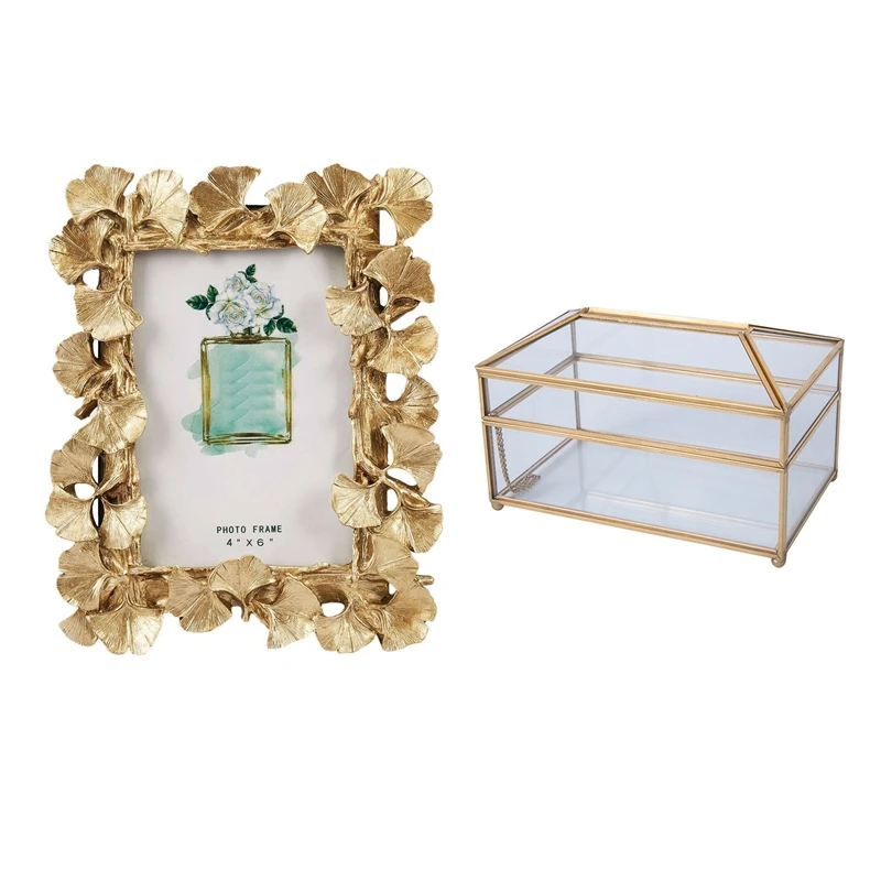 

1 шт. смоляная Ретро рамка Золотая фоторамка с листьями гинкго и 1 шт. практичная Золотая стеклянная зеркальная коробка для салфеток
