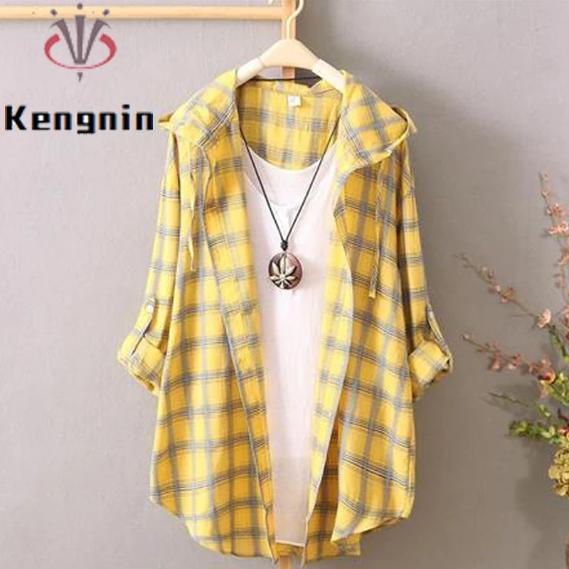 Suncreen Shirts Woman 2022 New Summer Loose Print Plaid Female Tops Long Sleeve Office Lady Work Casual Blause Clothing KN439