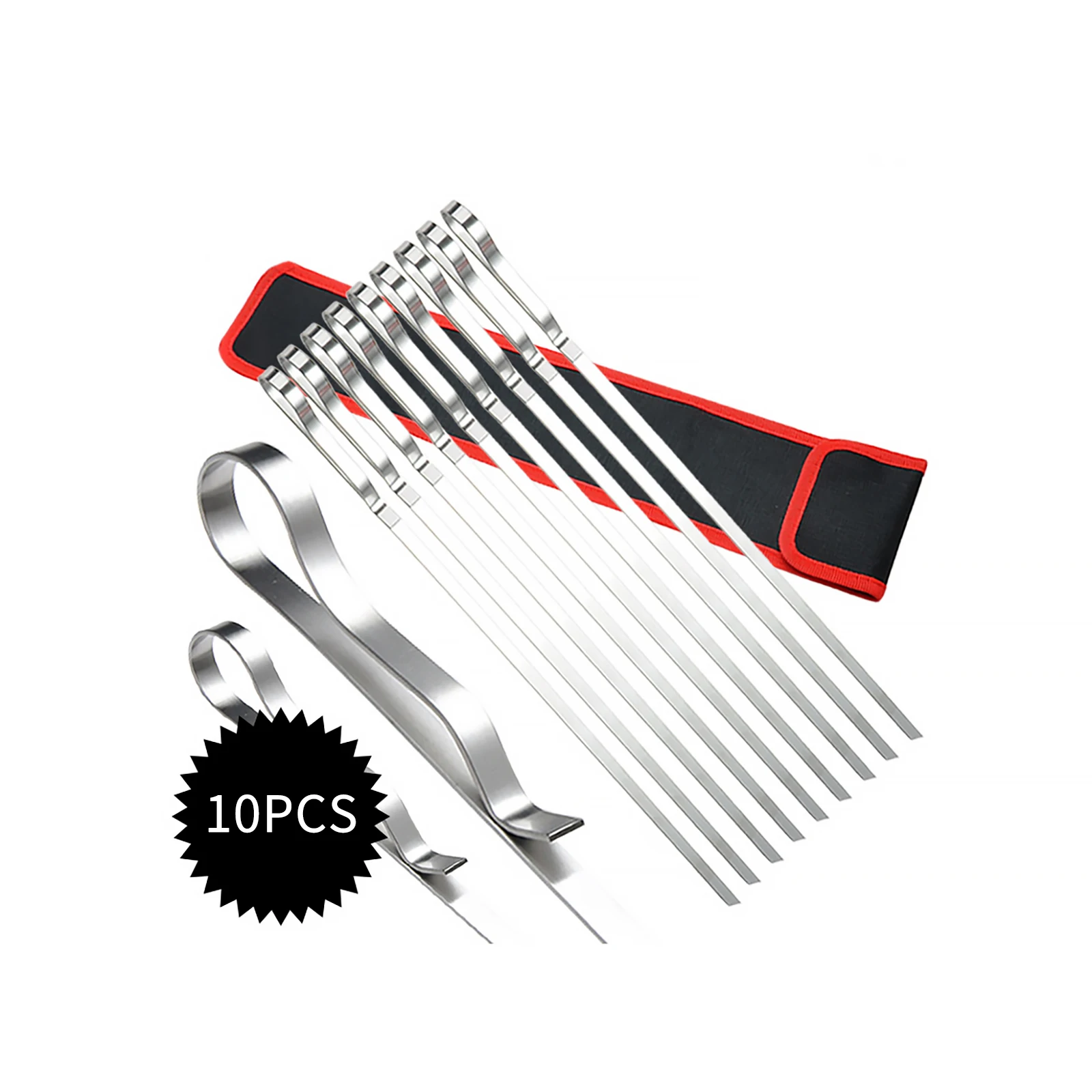 

10pcs BBQ Grilling Kabob Skewers Stainless Steel Fork Long Reusable Flat Metal Barbecue Shish Kebab Sticks with Hand Storage Bag