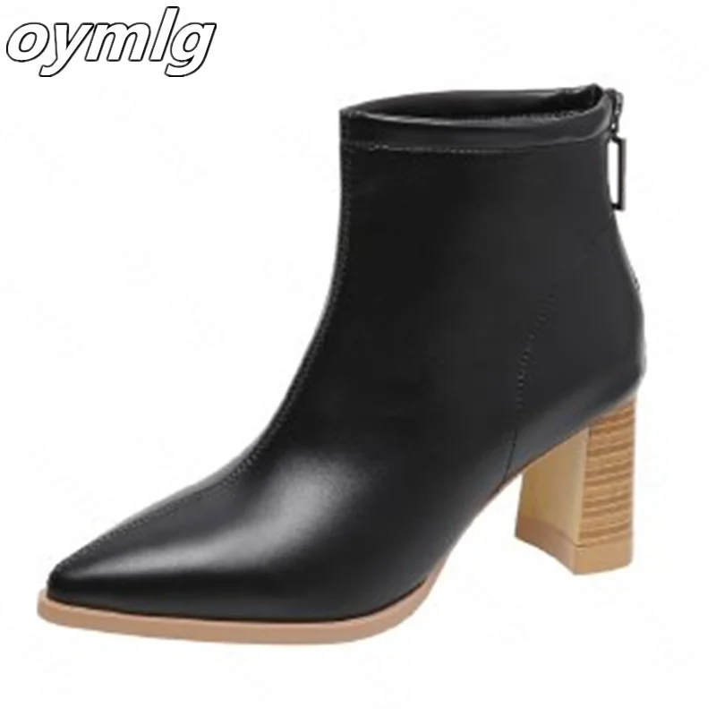 Soft leather pointed toe temperament short boots women's thick heel back zipper high heel ankle boots 2022 autumn new thin boots
