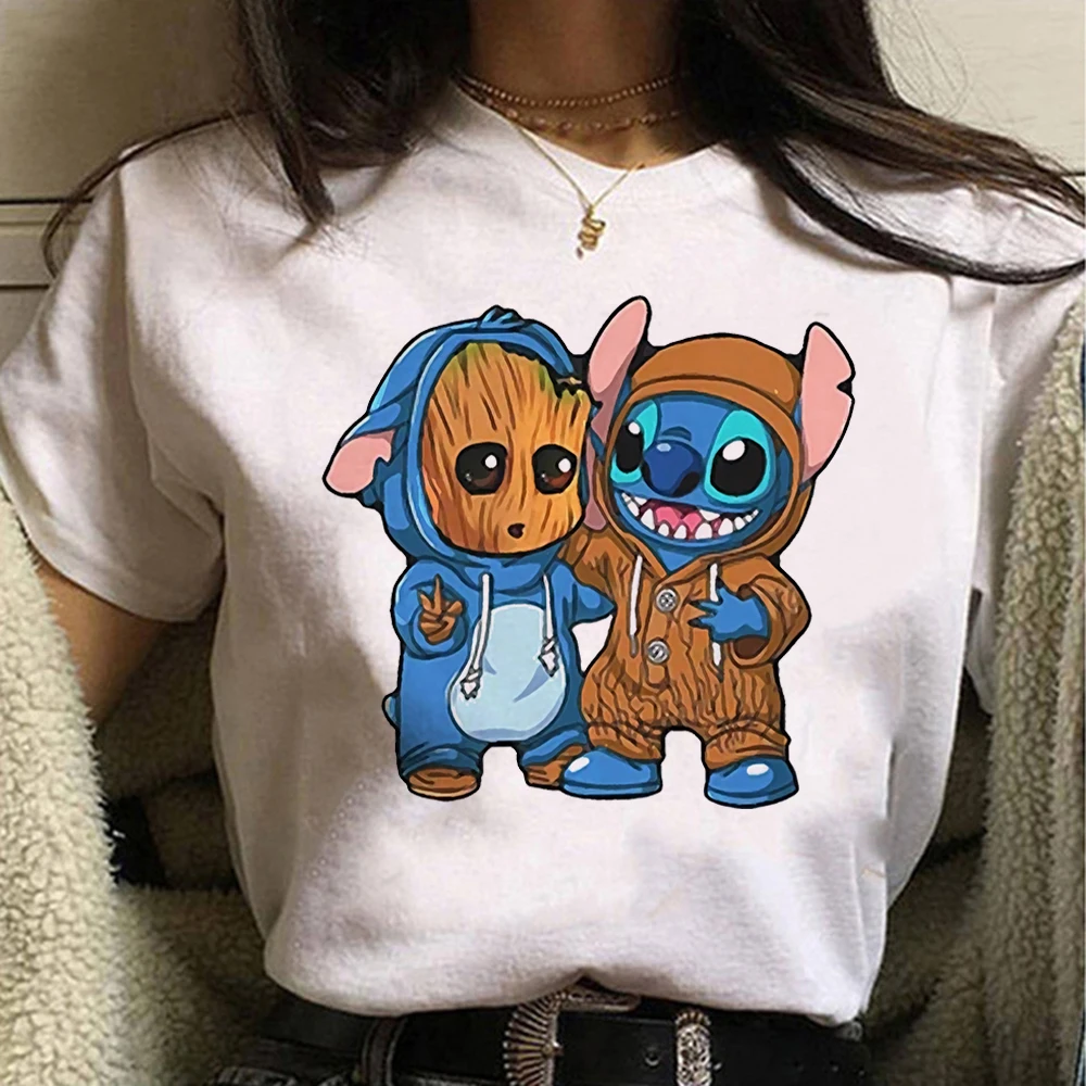 

Summer Funny Women T-shirts Cute Groot and Stitch Print Disney Shirts Fashion Soft Cute Oversized T Shirt Femme Vetement