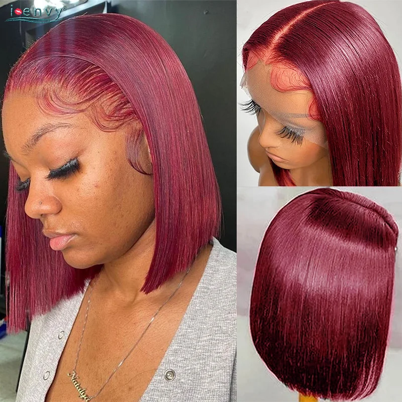 

99J Burgundy Bob Lace Front Wig Red Colored Bob Wig Human Hair Wigs Peruvian Straight Short Bob Wig Transparent Lace Frontal Wig