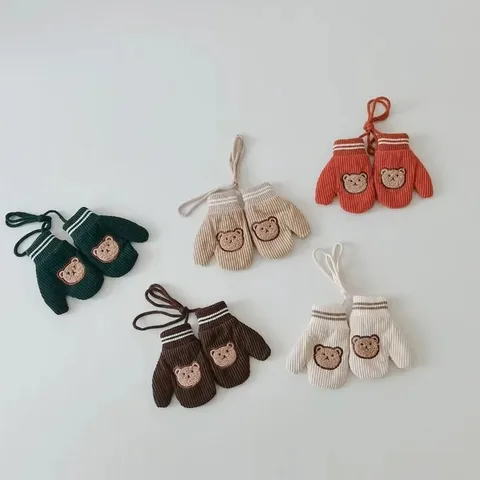 Детские теплые варежки из хлопка и вельвета с медведем