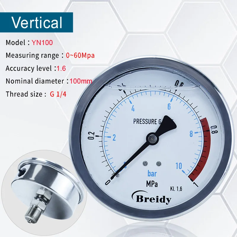 

Xin тестер воды Манометр Нержавеющая сталь G 1/4 G1/2 Масляный Гидравлический воздушный Вакуумный Манометр 0-60 МПа диаметр 100 мм YN100