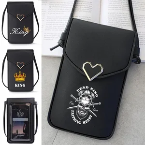 Pu Leather Mobile Phone Bags Shoulder Bag Wallets King Queen Print Card Pack Small Touch Screen Cell Phone Purse Crossbody Bag